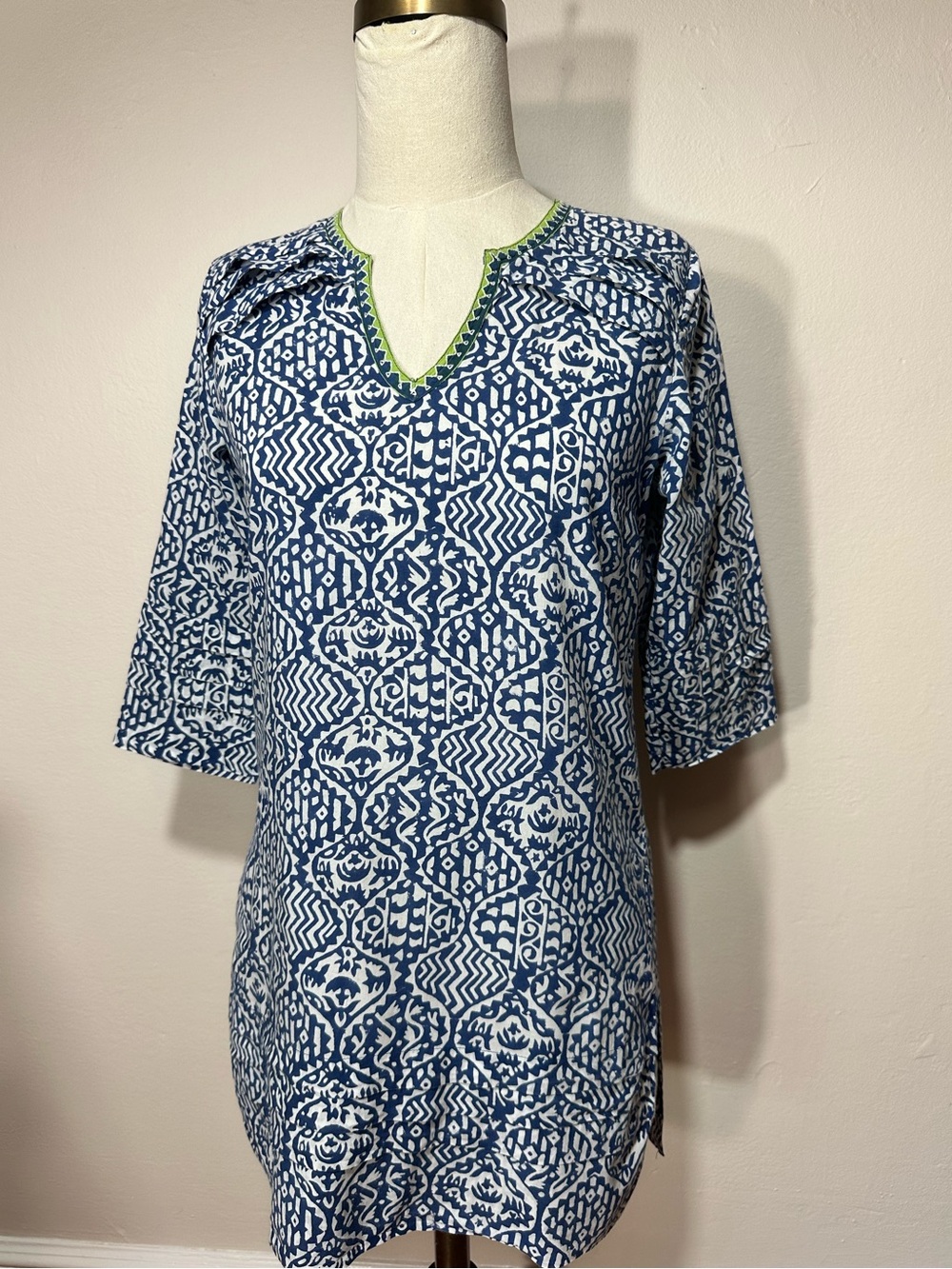Anokhi Hand Block printed cotton tunic with embroidered v neck